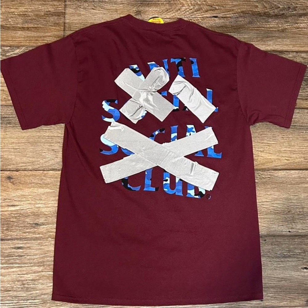 Anti Social Social Club Burgundy blue camo  “cancelled again”  Tee Size M